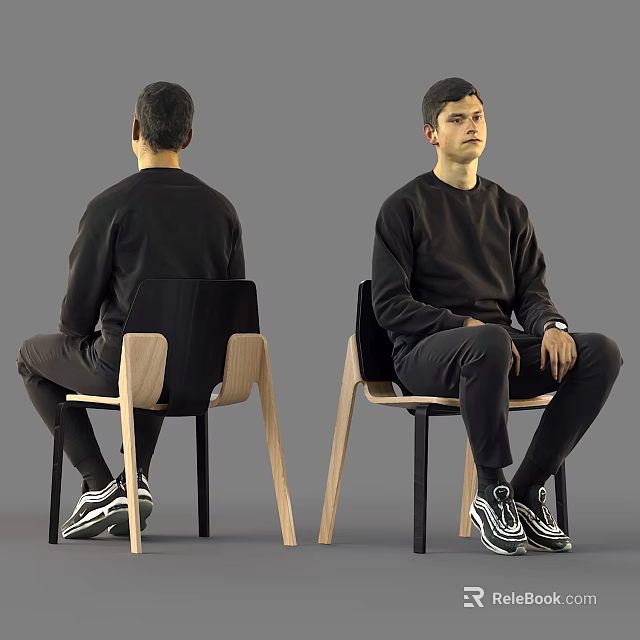 Man In Black Sweatshirt Pants And Sneakers Sitting On Chair 3d model 