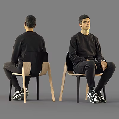 Man In Black Sweatshirt Pants And Sneakers Sitting On Chair 3d model