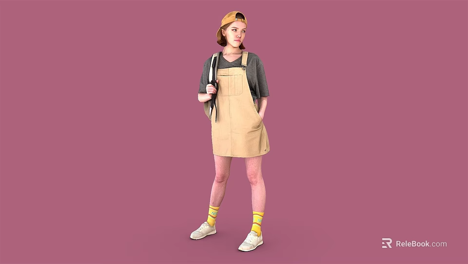 Woman In Yellow Cap Gray T-shirt Beige Dungaree Dress Yellow Socks White Shoes Pink Background 3d model 