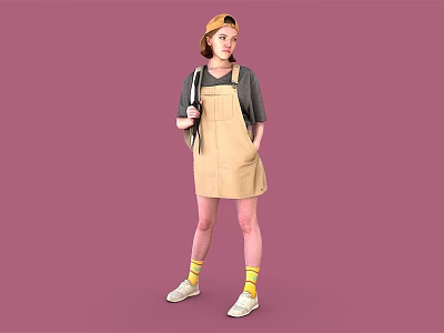Woman In Yellow Cap Gray T-shirt Beige Dungaree Dress Yellow Socks White Shoes Pink Background 3d model