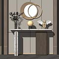 Elegant Console Table Design With Marble Top Round Mirror Vase Lamp And Angel Figurine