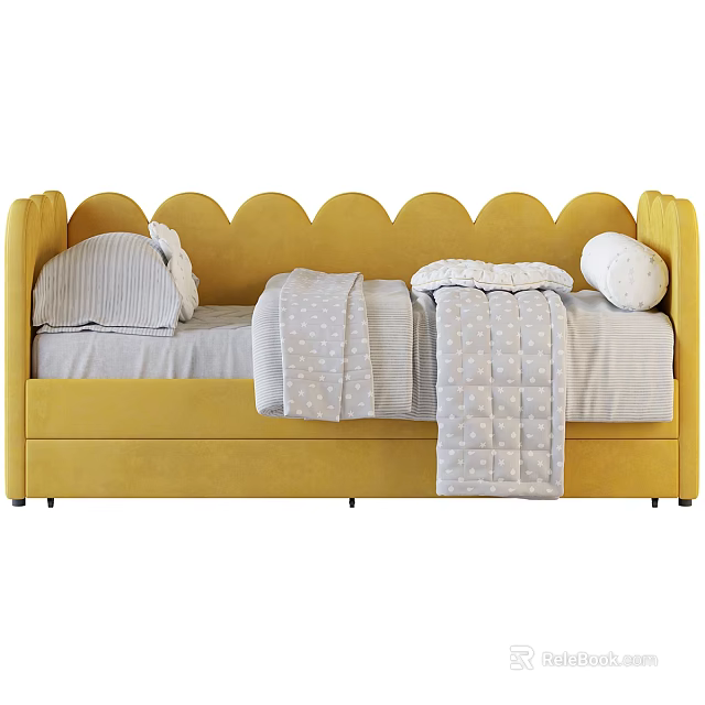 Yellow Baby Crib with Scalloped Back Design and Cozy Gray Striped Pillows Polka Dot Blankets 3d model 