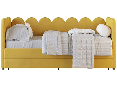 Yellow Baby Crib with Scalloped Back Design and Cozy Gray Striped Pillows Polka Dot Blankets 3d model