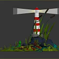 Natural Pond Scene With Red And White Lighthouse Frog Reeds Rocks And Flowers