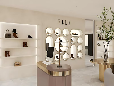 ELLE Fashion Boutique Featuring Shoes Bags Circular Display And White Shelves 3d model