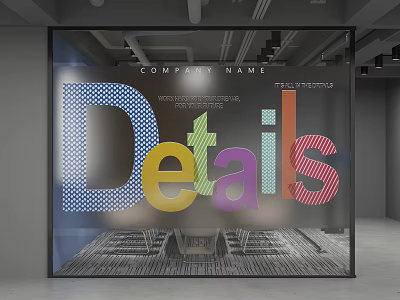 Decorative Glass Wall Design With Colorful Details Letters Company Name And Small Text 3d model