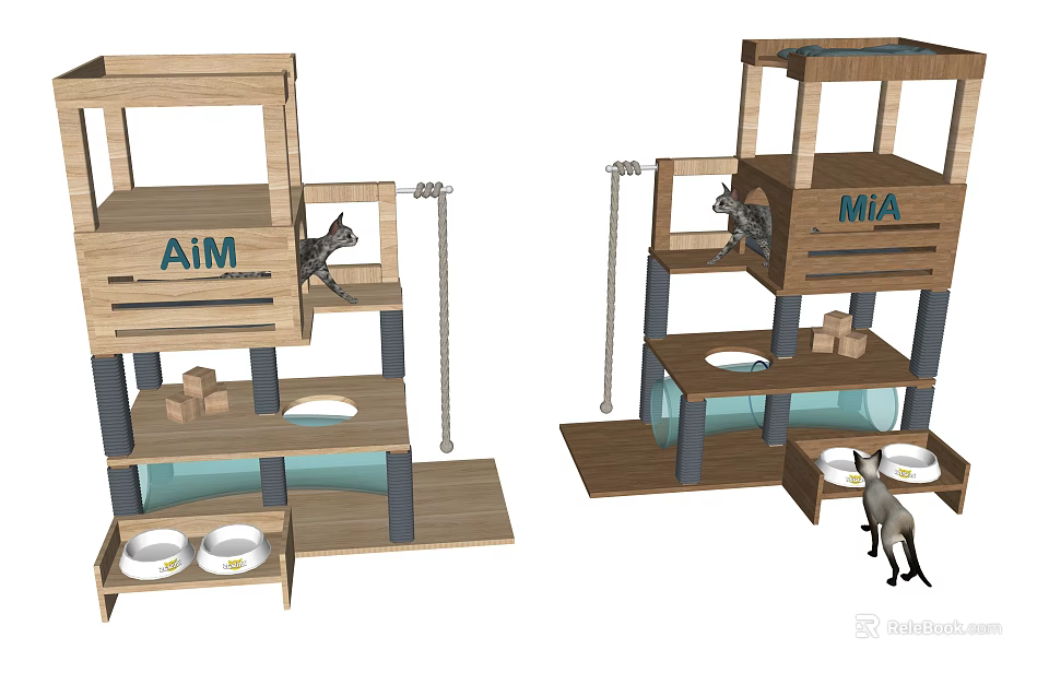 Wooden Cat Tree With Platforms Chain And Food Bowls For AIM MIA Cats 3d model 