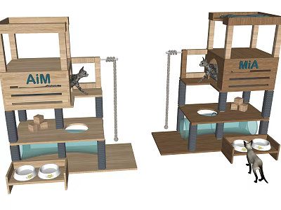 Wooden Cat Tree With Platforms Chain And Food Bowls For AIM MIA Cats 3d model