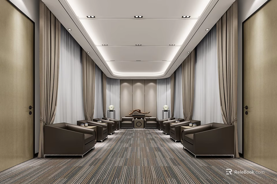 Elegant Modern Reception Room Interior With Brown Sofas Striped Carpet And Recessed Lighting 3d model