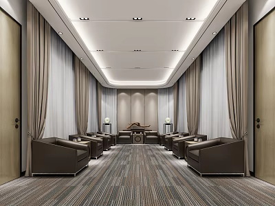 Elegant Modern Reception Room Interior With Brown Sofas Striped Carpet And Recessed Lighting 3d model