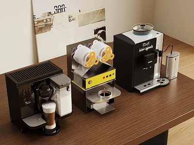 Modern Coffee Machines With Different Designs On Wooden Table And Cups 3d model