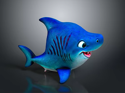 Cute Blue Cartoon Shark with Big Eyes Open Mouth and Friendly Expression 3d model