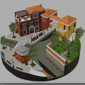 Colorful Red And Yellow Buildings In Miniature Scene With Tile Roofs Trees Pathways And Benches