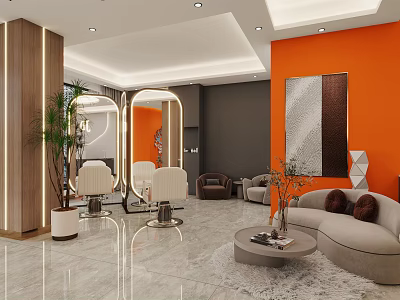 Elegant Modern Beauty Salon Interior Design With Orange Wall Mirrors Salon Chairs And Comfortable Sofa 3d model
