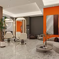 Elegant Modern Beauty Salon Interior Design With Orange Wall Mirrors Salon Chairs And Comfortable Sofa