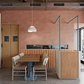 Cozy Restaurant Interior With Arched Ceiling Brick Walls Pendant Lights And Wooden Dining Tables