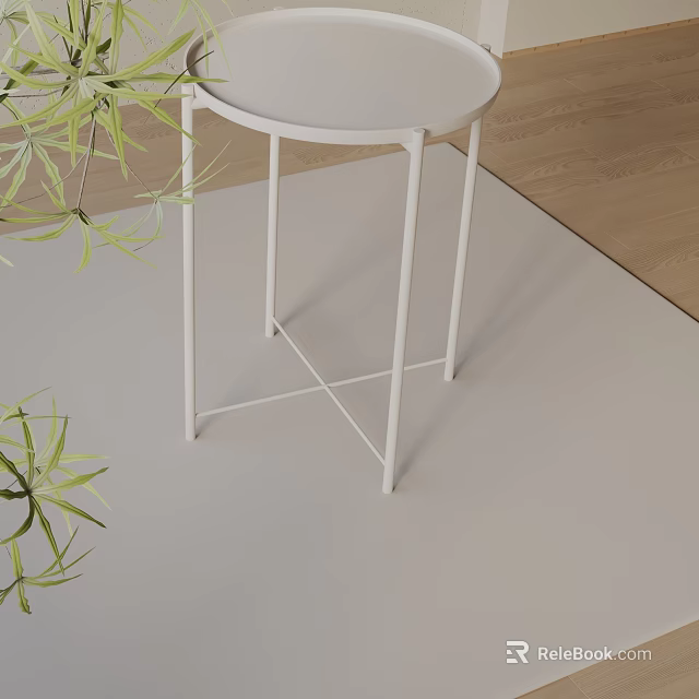 White Round Top Side Table With Slim Metal Legs And Green Plants On Light Floor 3d model 