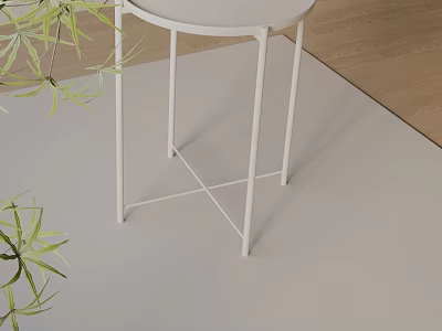 White Round Top Side Table With Slim Metal Legs And Green Plants On Light Floor 3d model
