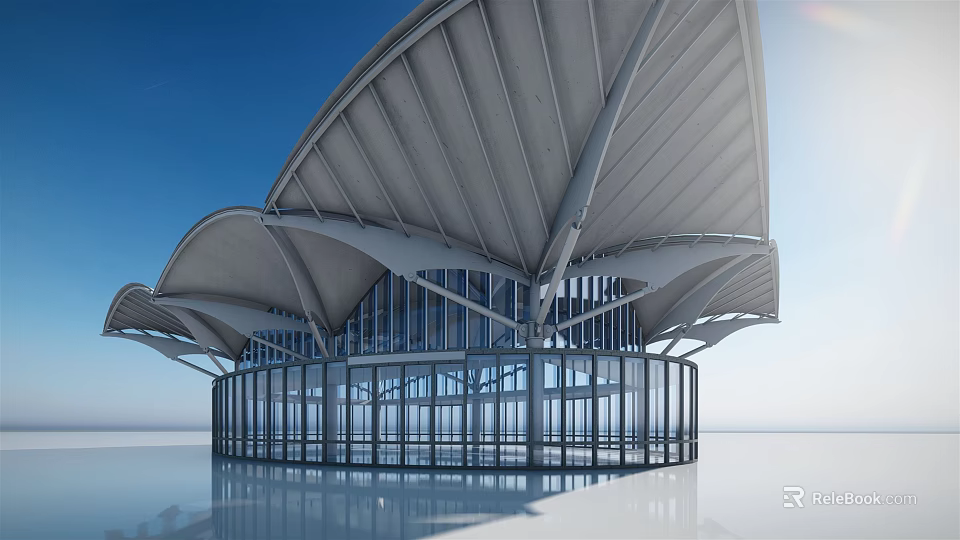 Modern Architectural Structure Featuring Curved Roof Design And Glass Facade Elements 3d model