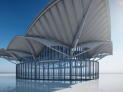 Modern Architectural Structure Featuring Curved Roof Design And Glass Facade Elements 3d model