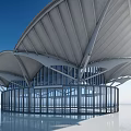 Modern Architectural Structure Featuring Curved Roof Design And Glass Facade Elements 3d model