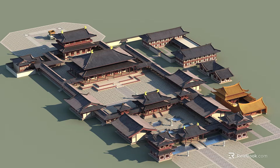 Ancient Chinese Architectural Ensemble With Traditional Roofs Courtyards Plaza And Symmetrical Layout 3d model 