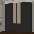 Modern Dark Bookcase with Woven Panel Design near Window and Blinds