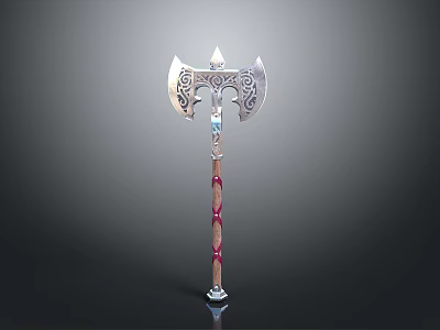 Elaborate Metal Axe With Decorative Patterns And Red White Handle As Fantasy Weapon 3d model