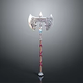 Elaborate Metal Axe With Decorative Patterns And Red White Handle As Fantasy Weapon
