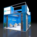 Blue Exhibition Booth With EDC Logo Dongfang Cable White Chairs And Green Plants