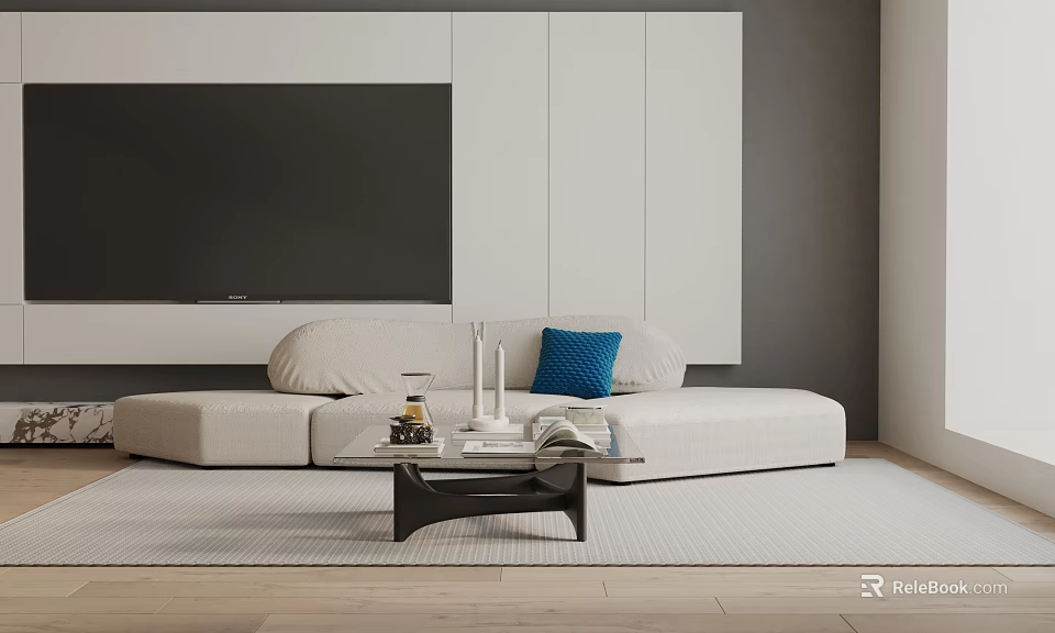 Modern Living Room With Light Colored Three-Seater Sofa Blue Pillow And Coffee Table TV Wall 3d model 