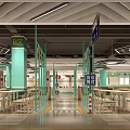 Modern Food Court Interior With Traffic Signs Tables Chairs And Tire Decorations