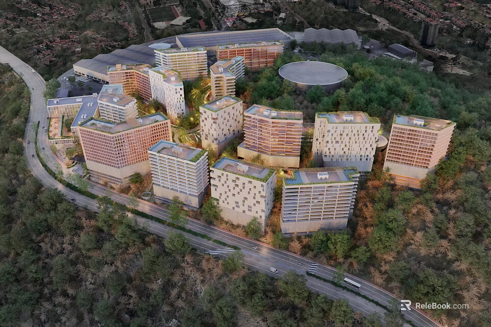 Aerial Planning of Modern Apartment Complex with Greenery and Roads in Organized Layout 3d model 