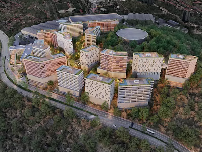 Aerial Planning of Modern Apartment Complex with Greenery and Roads in Organized Layout 3d model