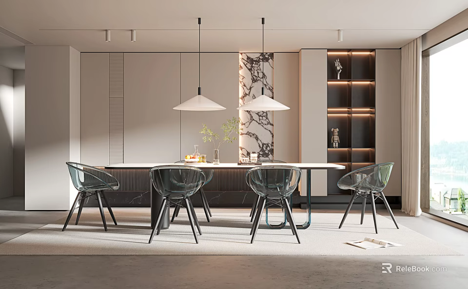 Modern Dining Room Interior With Transparent Chairs Dining Table Pendant Lights And Decorative Wall Panel 3d model 