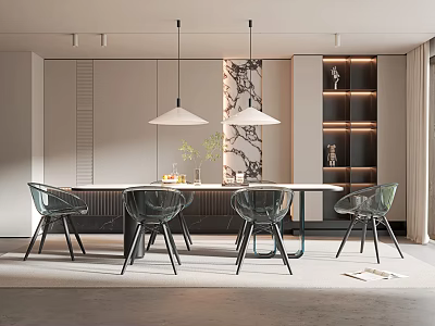 Modern Dining Room Interior With Transparent Chairs Dining Table Pendant Lights And Decorative Wall Panel 3d model