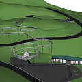 Road Facilities Surrounded by Trees and Greenery Sloped Path with Railings in Urban Park Area