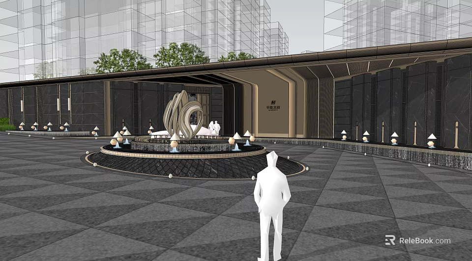 Modern Residential Building Entrance Featuring Central Fountain Sculpture Lamp Posts Greenery And Paved Square 3d model 