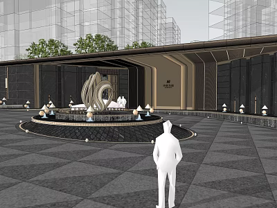 Modern Residential Building Entrance Featuring Central Fountain Sculpture Lamp Posts Greenery And Paved Square 3d model