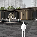 Modern Residential Building Entrance Featuring Central Fountain Sculpture Lamp Posts Greenery And Paved Square