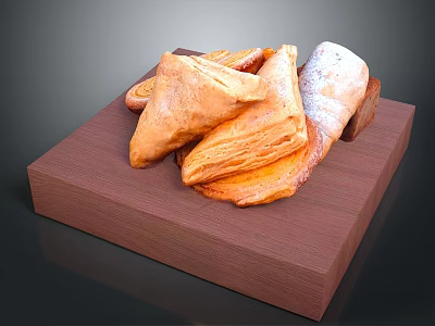 Freshly Baked Flaky Pastry Snacks Triangular and Rolled Arranged on Wooden Tray 3d model