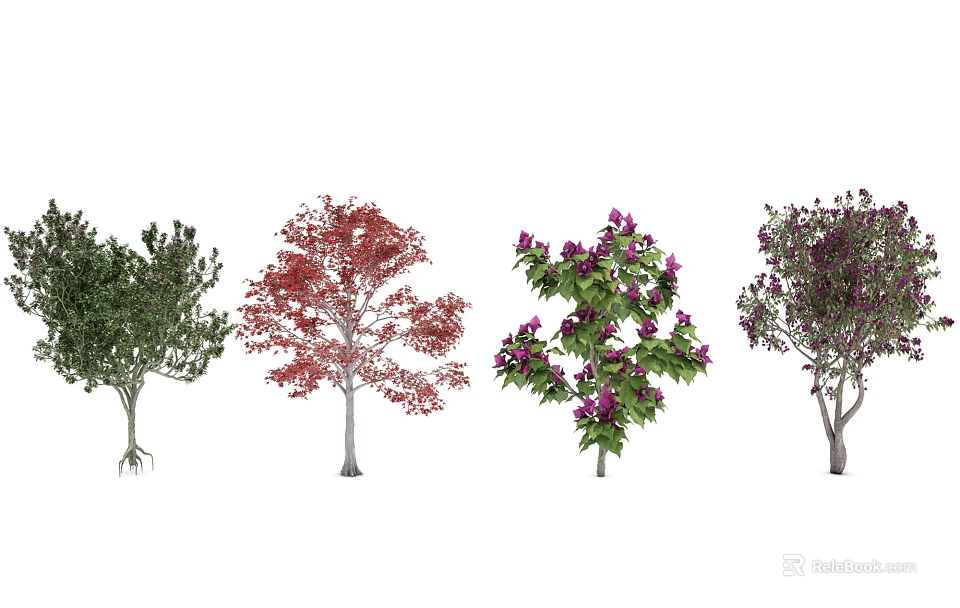 Different Varieties Of Arbor Trees With Green Red Leaves And Purple Flowers 3d model 