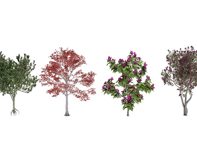 Different Varieties Of Arbor Trees With Green Red Leaves And Purple Flowers 3d model