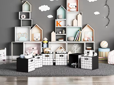 Dolls In Kids Room With Storage Boxes And House Shaped Shelves 3d model
