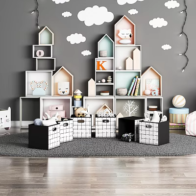 Dolls In Kids Room With Storage Boxes And House Shaped Shelves 3d model