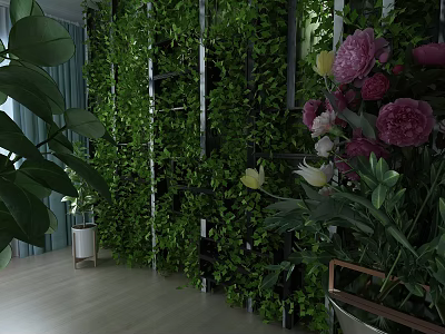 Indoor Lush Green Plant Wall With Pink White Flowers And Potted Plants 3d model