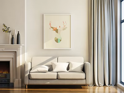 Light Gray Two Seater Sofa In Cozy Interior With Fireplace Deer Painting Vases And Curtains 3d model
