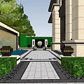 Traditional Chinese Architectural Gateway With Symmetrical Design Circular Ornament Water Feature And Greenery