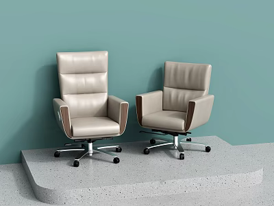 Modern Beige Leather Office Chairs With Armrests And Silver Metal Wheels On Platform 3d model
