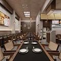 Traditional Chinese Restaurant Interior With Wooden Tables Rattan Chairs Hanging Lanterns And Menu
